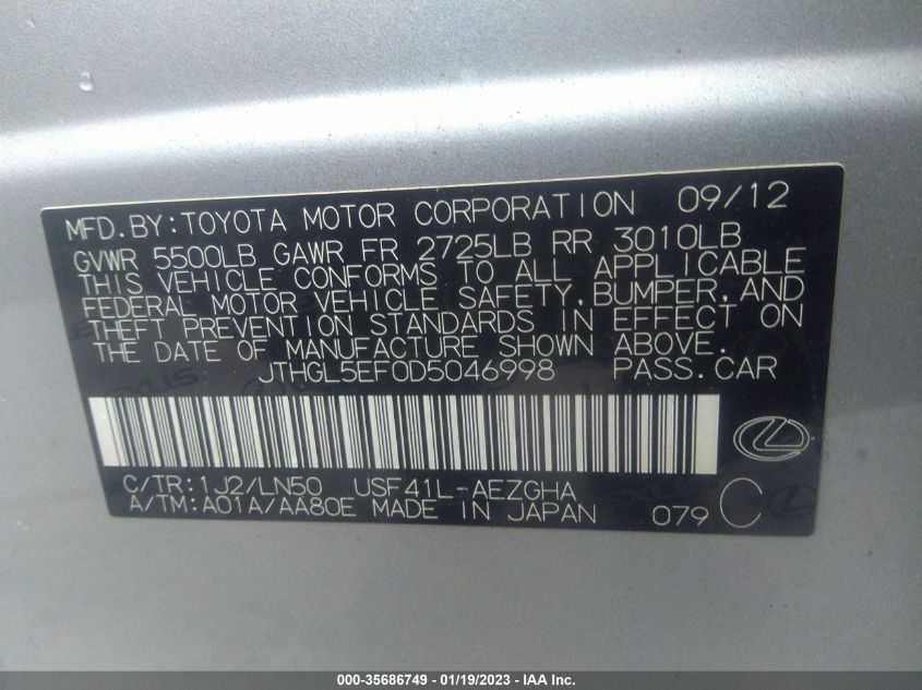2013 LEXUS LS 460 L JTHGL5EF0D5046998