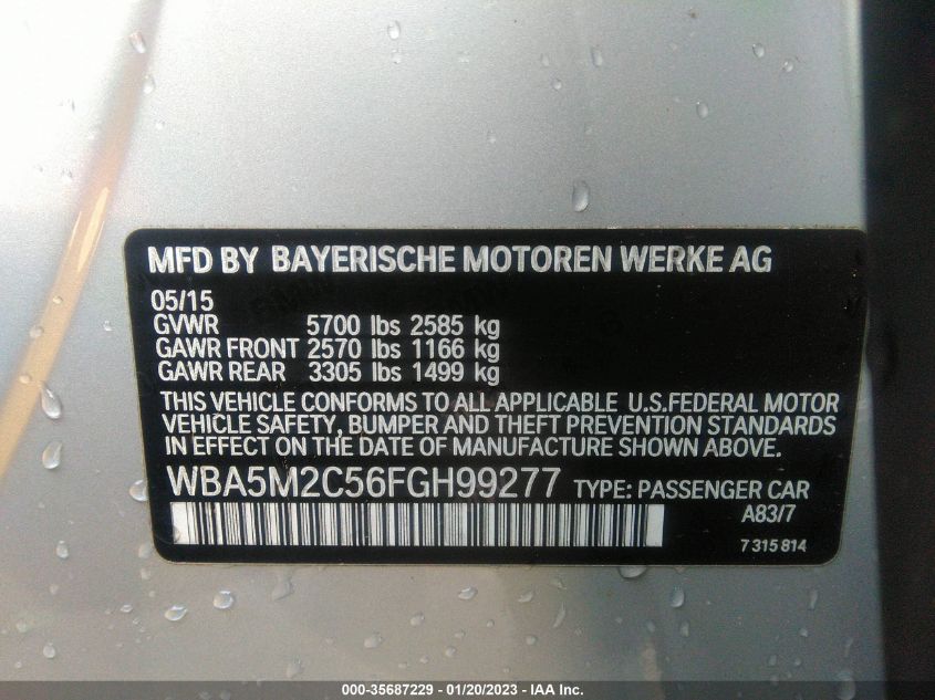 2015 BMW 5 SERIES GRAN TURISMO 535I WBA5M2C56FGH99277