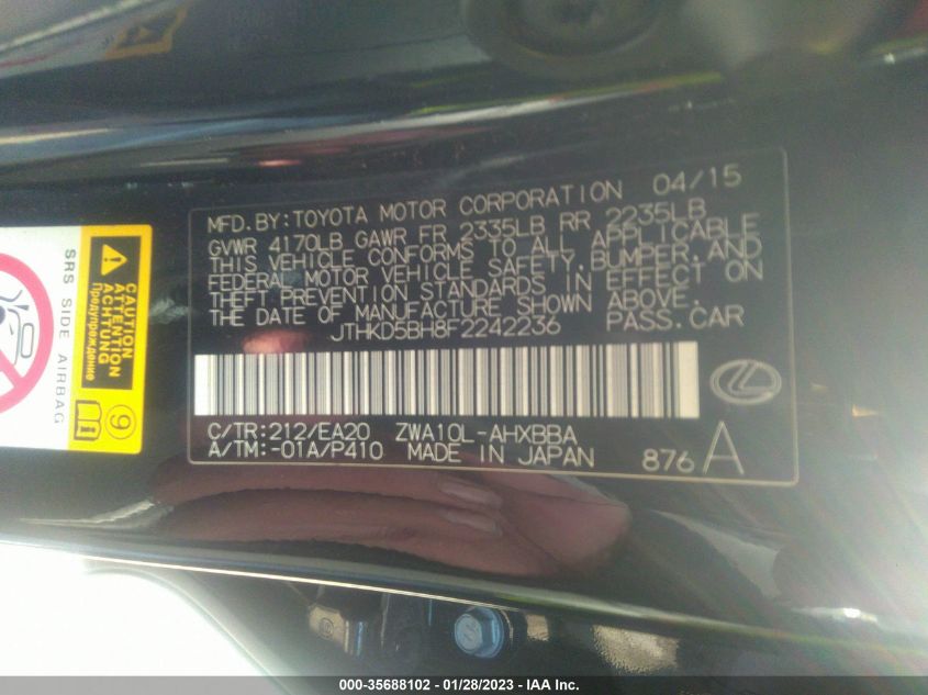 2015 LEXUS CT 200H HYBRID - JTHKD5BH8F2242236