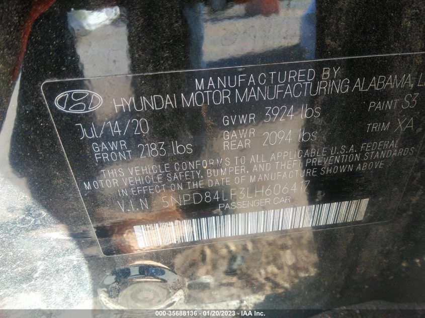 2020 HYUNDAI ELANTRA LIMITED - 5NPD84LF3LH606417