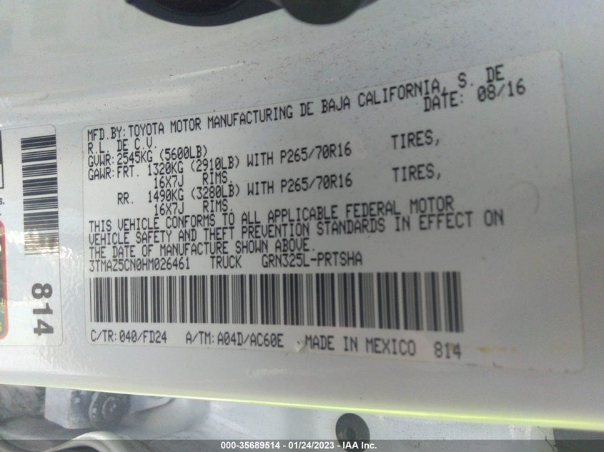 VIN 3TMAZ5CN0HM026461 2017 TOYOTA TACOMA SR5/TRD SPORT
