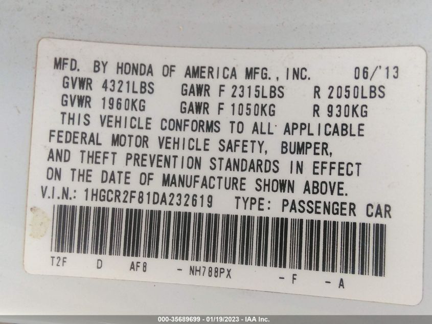 2013 HONDA ACCORD SDN EX-L 1HGCR2F81DA232619