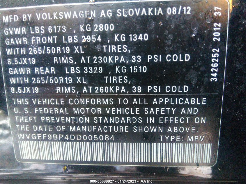 2013 VOLKSWAGEN TOUAREG LUX WVGEF9BP4DD005084