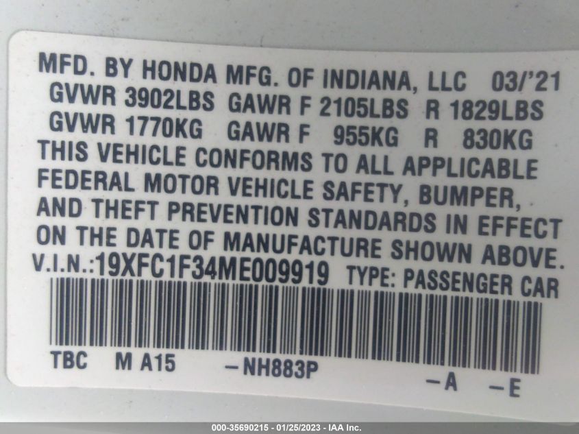 VIN 19XFC1F34ME009919 2021 HONDA CIVIC SEDAN no.9