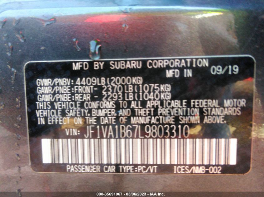 2020 SUBARU WRX PREMIUM - JF1VA1B67L9803310
