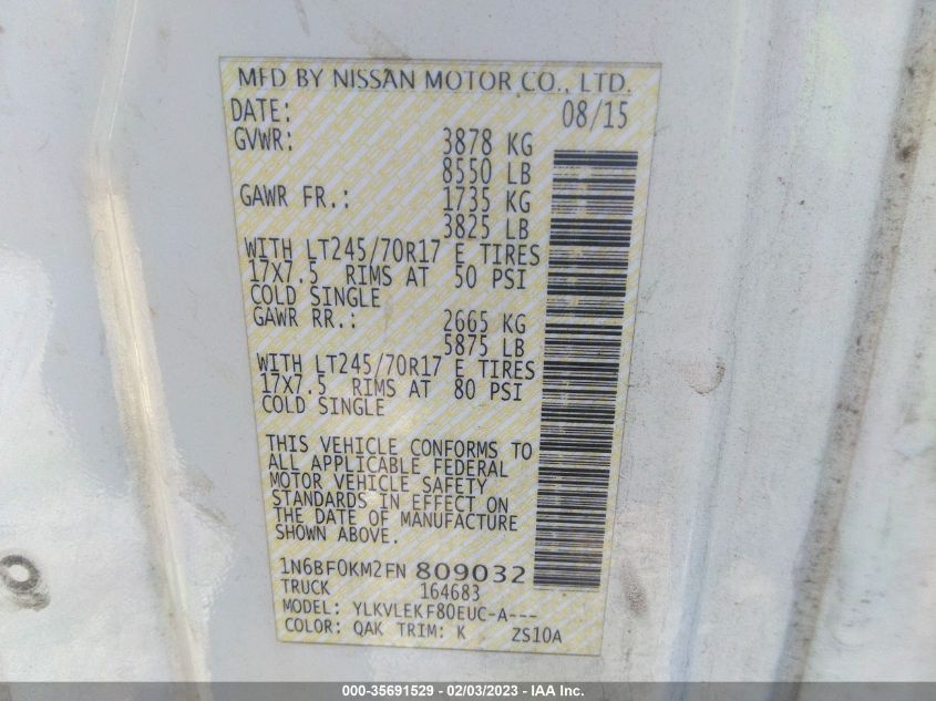 2015 NISSAN NV SV 1N6BF0KM2FN809032
