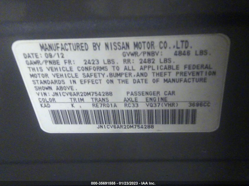 2013 INFINITI G37 SEDAN X JN1CV6AR2DM754288