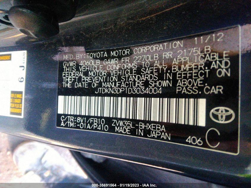 2013 TOYOTA PRIUS PLUG-IN JTDKN3DP1D3034004