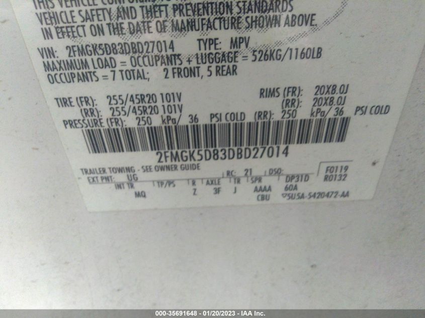 2013 FORD FLEX LIMITED 2FMGK5D83DBD27014