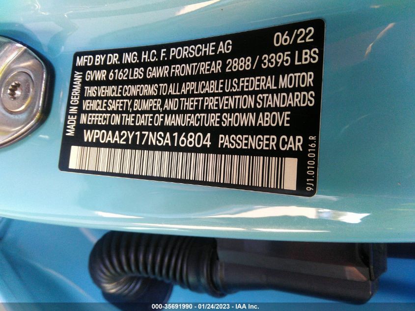 2022 PORSCHE TAYCAN WP0AA2Y17NSA16804