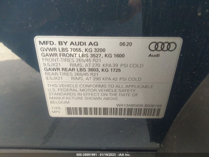 2020 AUDI E-TRON SPORTBACK PRESTIGE WA13ABGE6LB036169