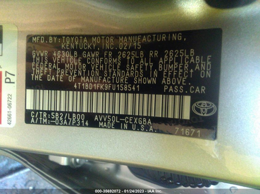 2015 TOYOTA CAMRY HYBRID LE/XLE/SE 4T1BD1FK9FU158541