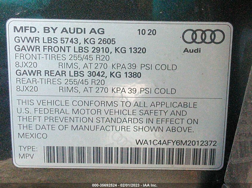 2021 AUDI SQ5 PRESTIGE WA1C4AFY6M2012372