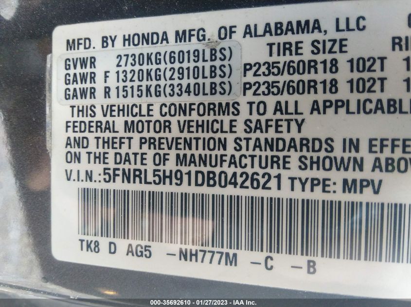 VIN 5FNRL5H91DB042621 2013 HONDA ODYSSEY no.9