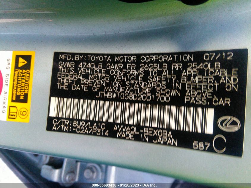2013 LEXUS ES 300H HYBRID JTHBW1GG8D2001700
