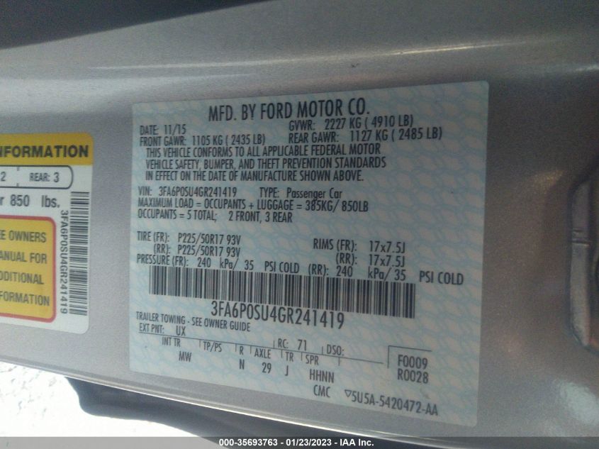 2016 FORD FUSION ENERGI TITANIUM 3FA6P0SU4GR241419