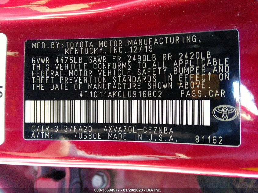 VIN 4T1C11AK0LU916802 2020 TOYOTA CAMRY LE