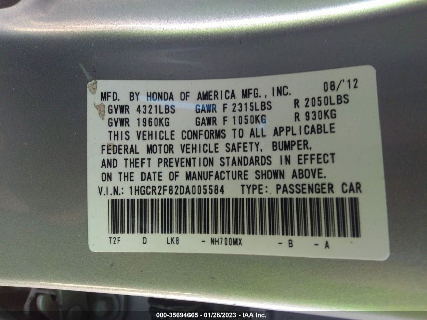 2013 HONDA ACCORD SDN EX-L 1HGCR2F82DA005584