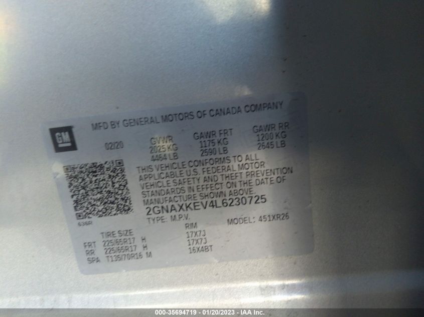 2020 CHEVROLET EQUINOX LT - 2GNAXKEV4L6230725