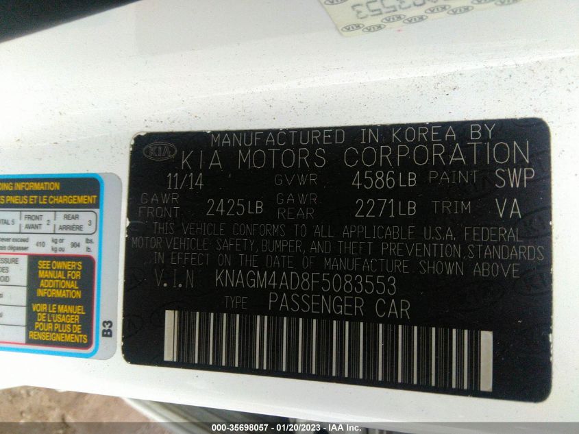 2015 KIA OPTIMA HYBRID KNAGM4AD8F5083553