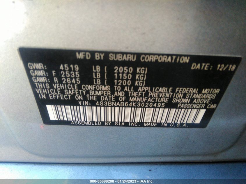 2019 SUBARU LEGACY 4S3BNAB64K3020495