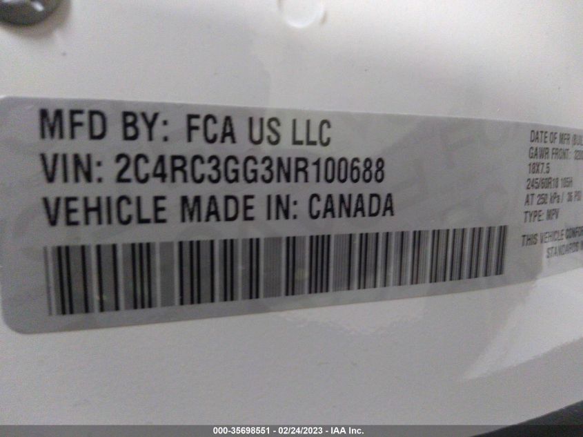 2022 CHRYSLER PACIFICA LIMITED - 2C4RC3GG3NR100688