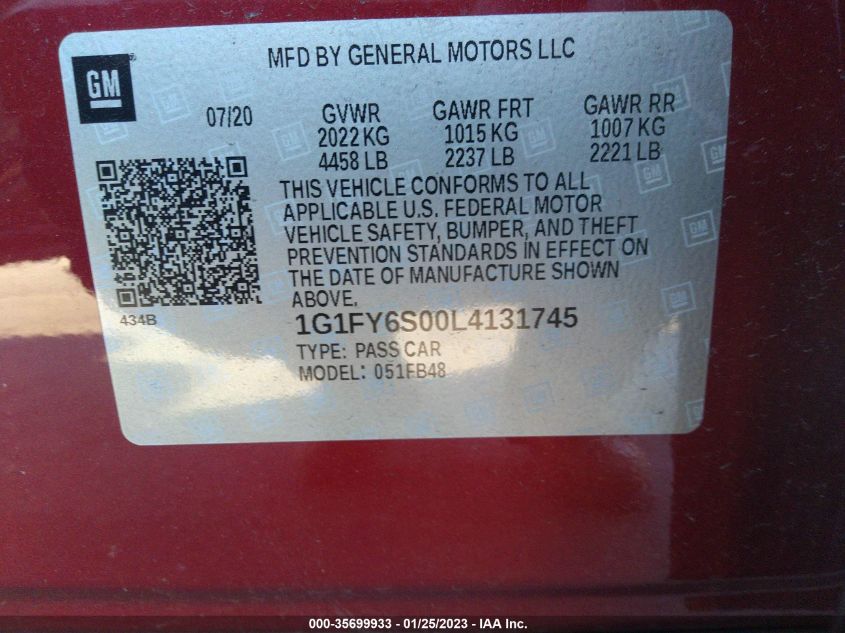 2020 CHEVROLET BOLT EV LT 1G1FY6S00L4131745