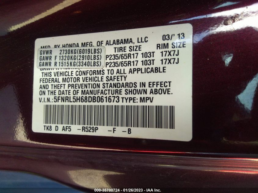 VIN 5FNRL5H68DB061673 2013 HONDA ODYSSEY no.9