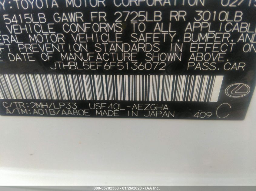 2015 LEXUS LS 460 JTHBL5EF6F5136072