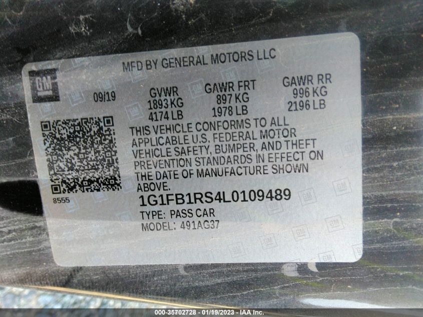 2020 CHEVROLET CAMARO 1LT 1G1FB1RS4L0109489