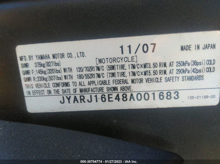 2008 YAMAHA YZFR6 JYARJ16E48A001683
