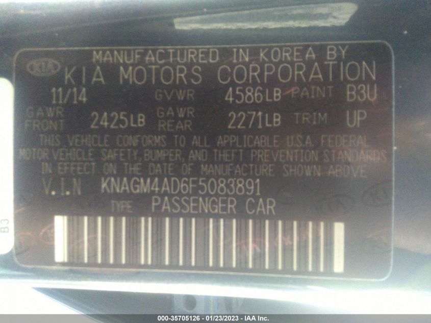 2015 KIA OPTIMA HYBRID KNAGM4AD6F5083891