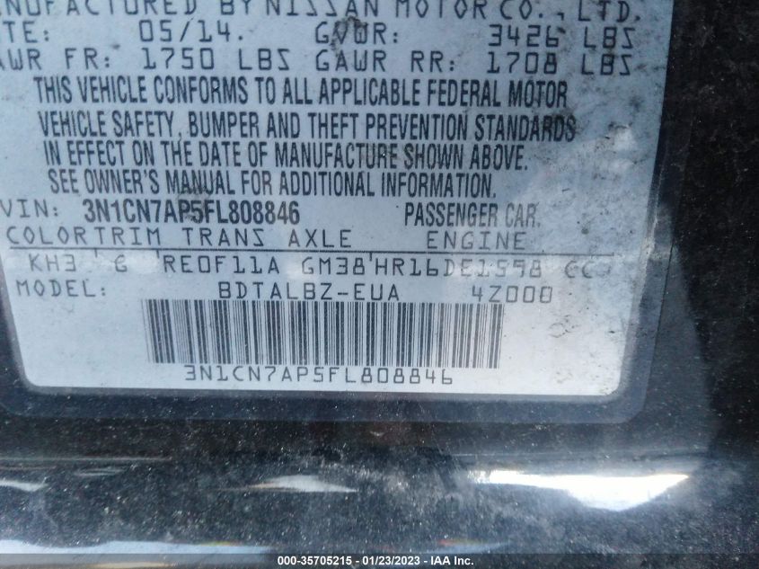 2015 NISSAN VERSA SV - 3N1CN7AP5FL808846