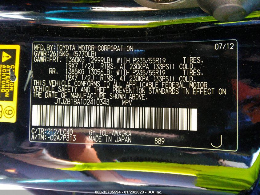 2013 LEXUS RX 450H JTJZB1BA1D2410343