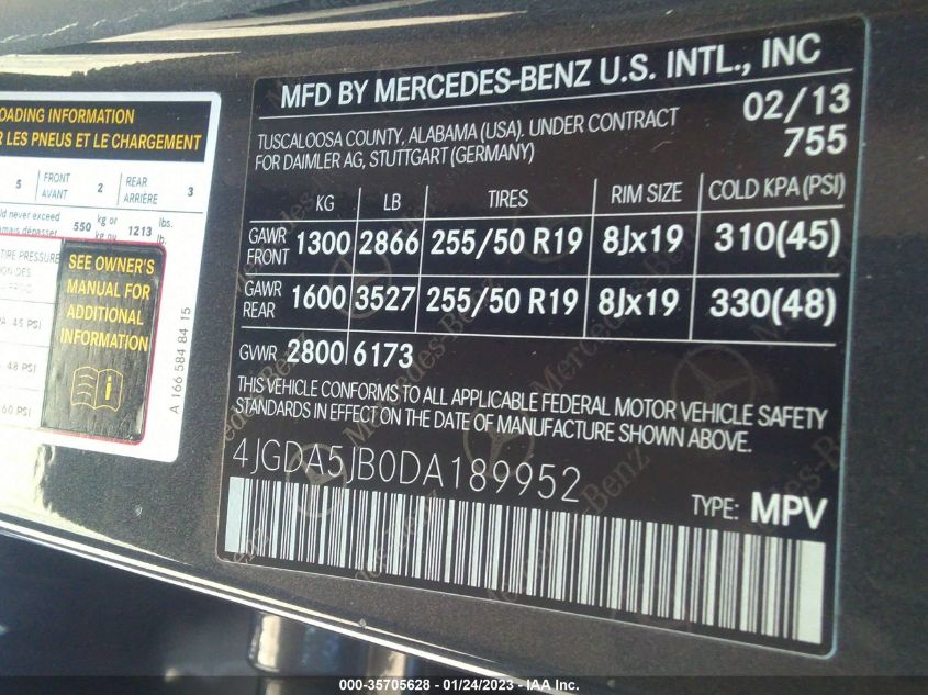 2013 MERCEDES-BENZ M-CLASS ML 350 4JGDA5JB0DA189952