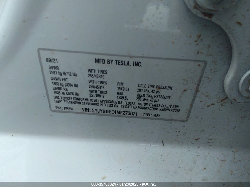 VIN 5YJYGDEE4MF273671 2021 TESLA MODEL Y LONG RANGE