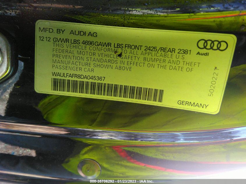 2013 AUDI A5 PREMIUM PLUS WAULFAFR8DA045367