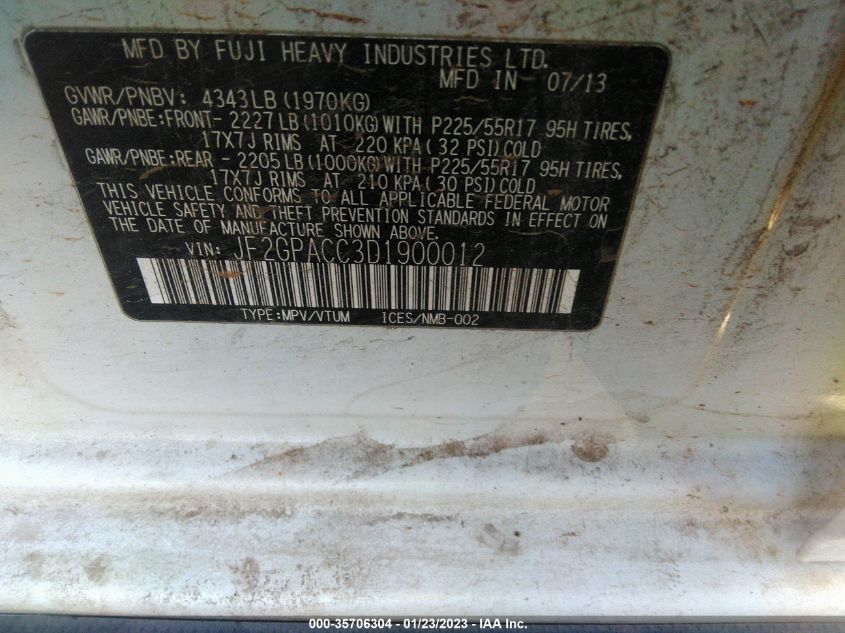 2013 SUBARU XV CROSSTREK PREMIUM - JF2GPACC3D1900012