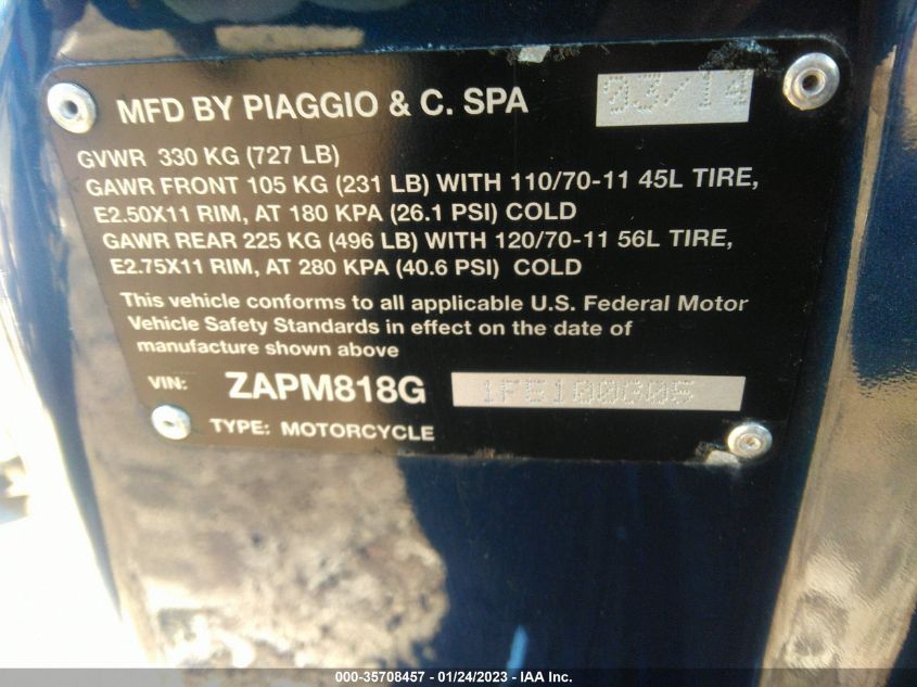 2015 VESPA SPRINT 150 3V ZAPM818G1F5100605