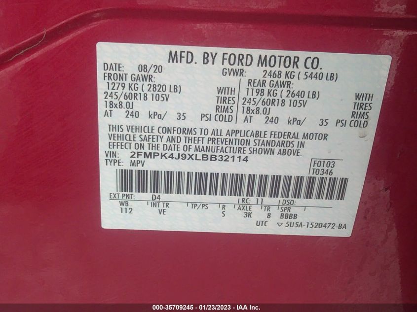 VIN 2FMPK4J9XLBB32114 2020 FORD EDGE no.9