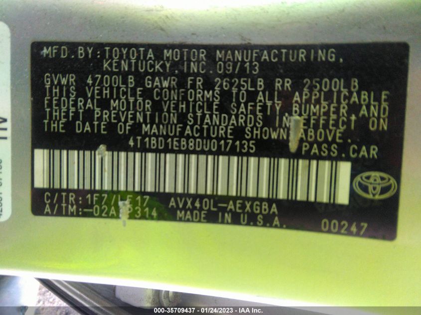 2013 TOYOTA AVALON HYBRID XLE PREMIUM 4T1BD1EB8DU017135