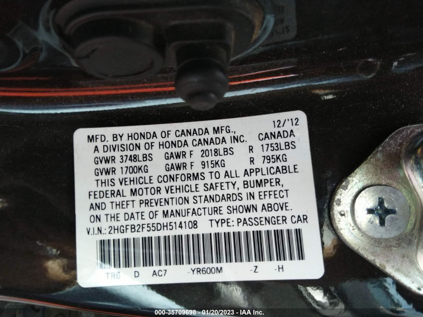 2013 HONDA CIVIC SDN LX 2HGFB2F55DH514108