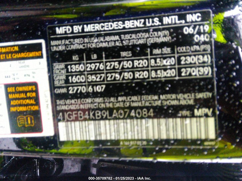 VIN 4JGFB4KB9LA074084 2020 MERCEDES-BENZ GLE GLE 350