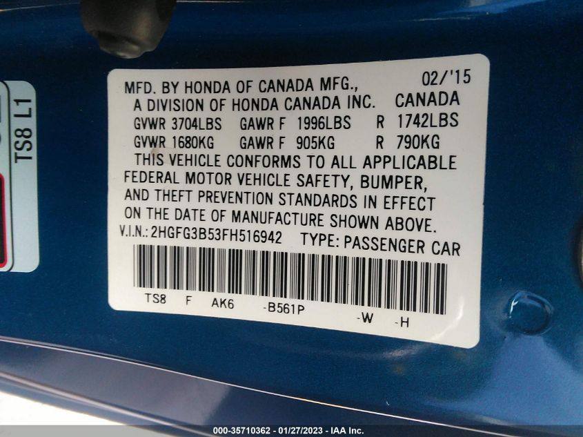 2015 HONDA CIVIC COUPE LX 2HGFG3B53FH516942