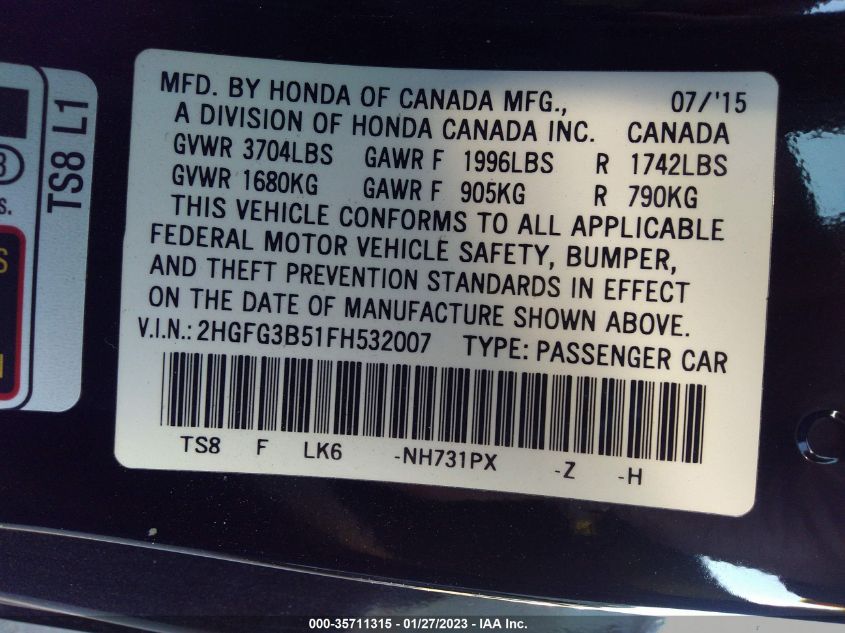 2015 HONDA CIVIC COUPE LX 2HGFG3B51FH532007