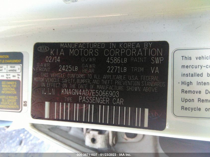 2014 KIA OPTIMA HYBRID EX KNAGN4AD7E5066903
