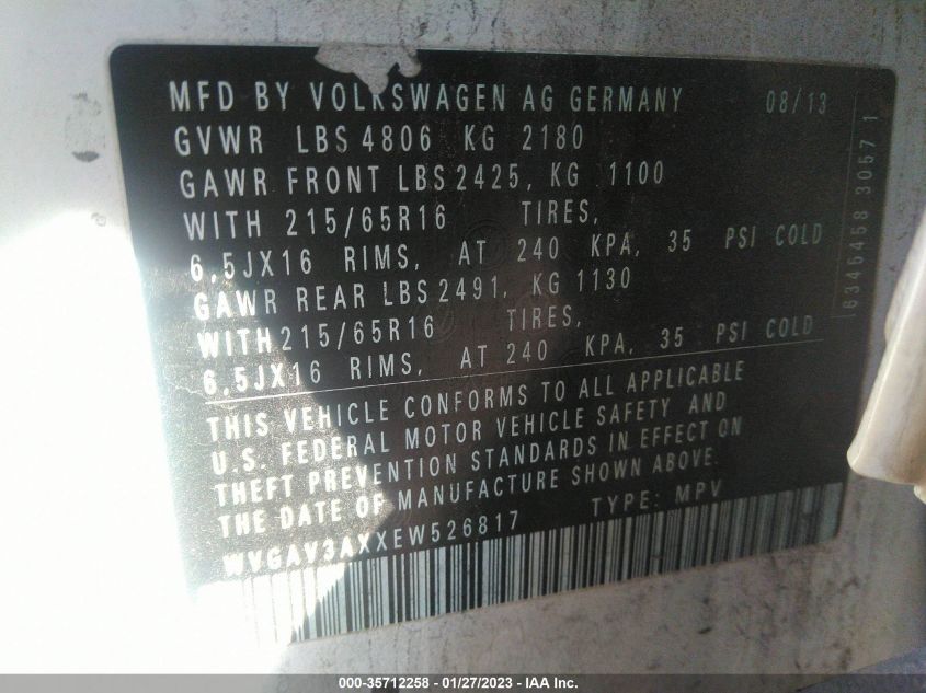 2014 VOLKSWAGEN TIGUAN S - WVGAV3AXXEW526817