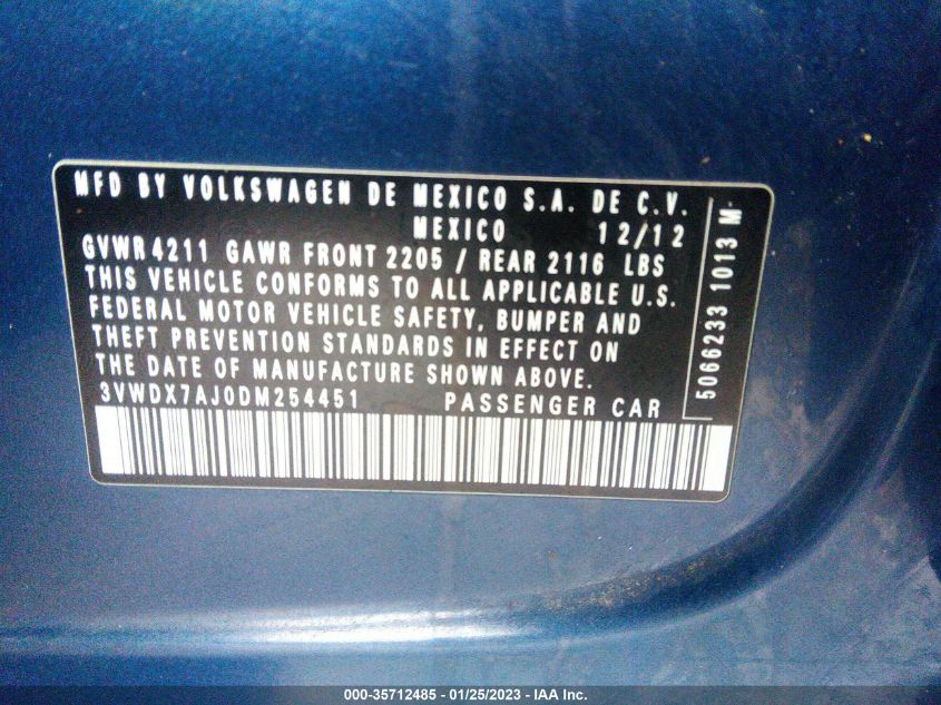 2013 VOLKSWAGEN JETTA SEDAN SE W/CONVENIENCE/SUNROOF 3VWDX7AJ0DM254451