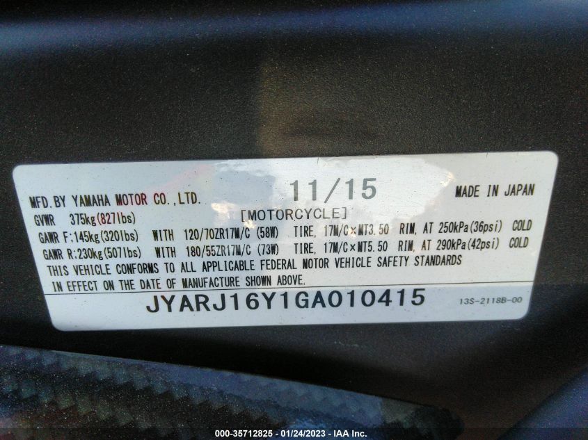 2016 YAMAHA YZFR6 C JYARJ16Y1GA010415