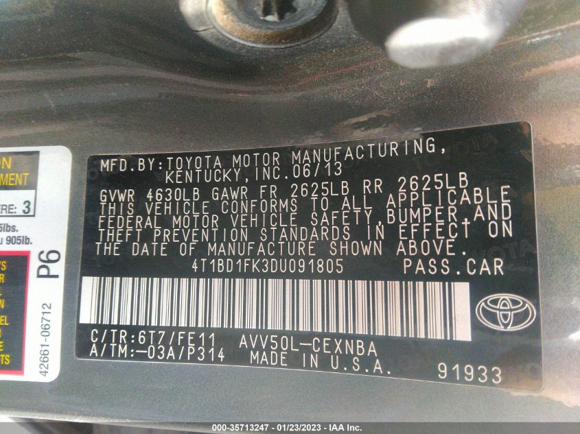 2013 TOYOTA CAMRY HYBRID LE/XLE 4T1BD1FK3DU091805